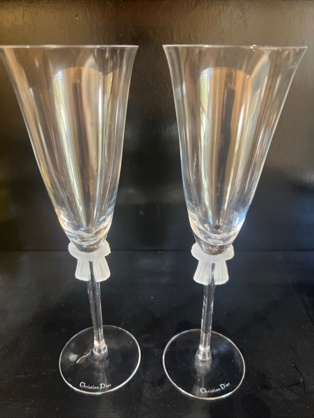 Rare Pair of 2 Vintage Christian Dior Gaudron Crystal Champagne Glasses Bow